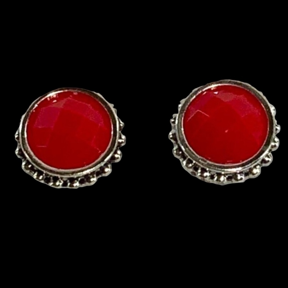 Napier Faceted Red Stone Silver Tone Round Stud Earrings